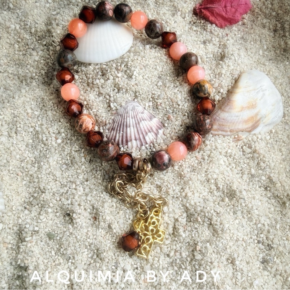 OCEAN JASPER Peach, Brown & Gold Beaded Bracelet with Cross Charm